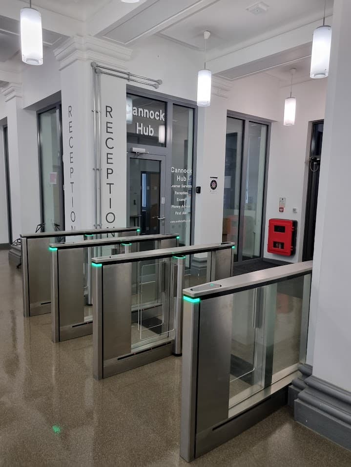 Speed gate access control installed at the reception entrance of Cannock Hub, a public service building.
